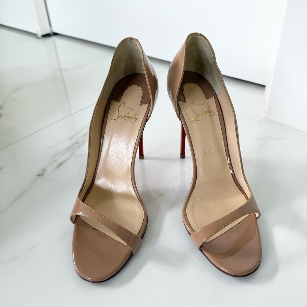 Christian Louboutin Toboggan Half d'Orsay Nude Patent Leather Heels